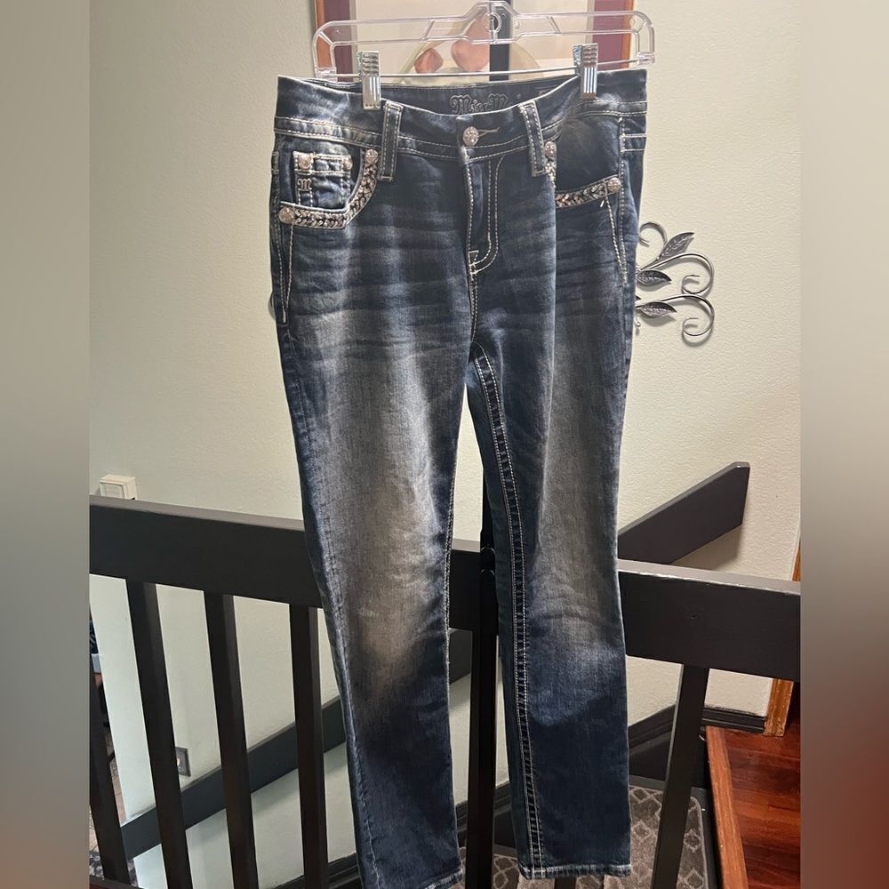 Miss Me Designer  Blue Jeans Embellished Pockets Size 27 Easy Straight #BTJN3